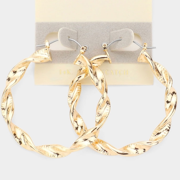 Twisted 14K Gold Metal 1.8" Hoop Earrings Textured Round Casual Everyday Jewelry - Picture 2 of 2